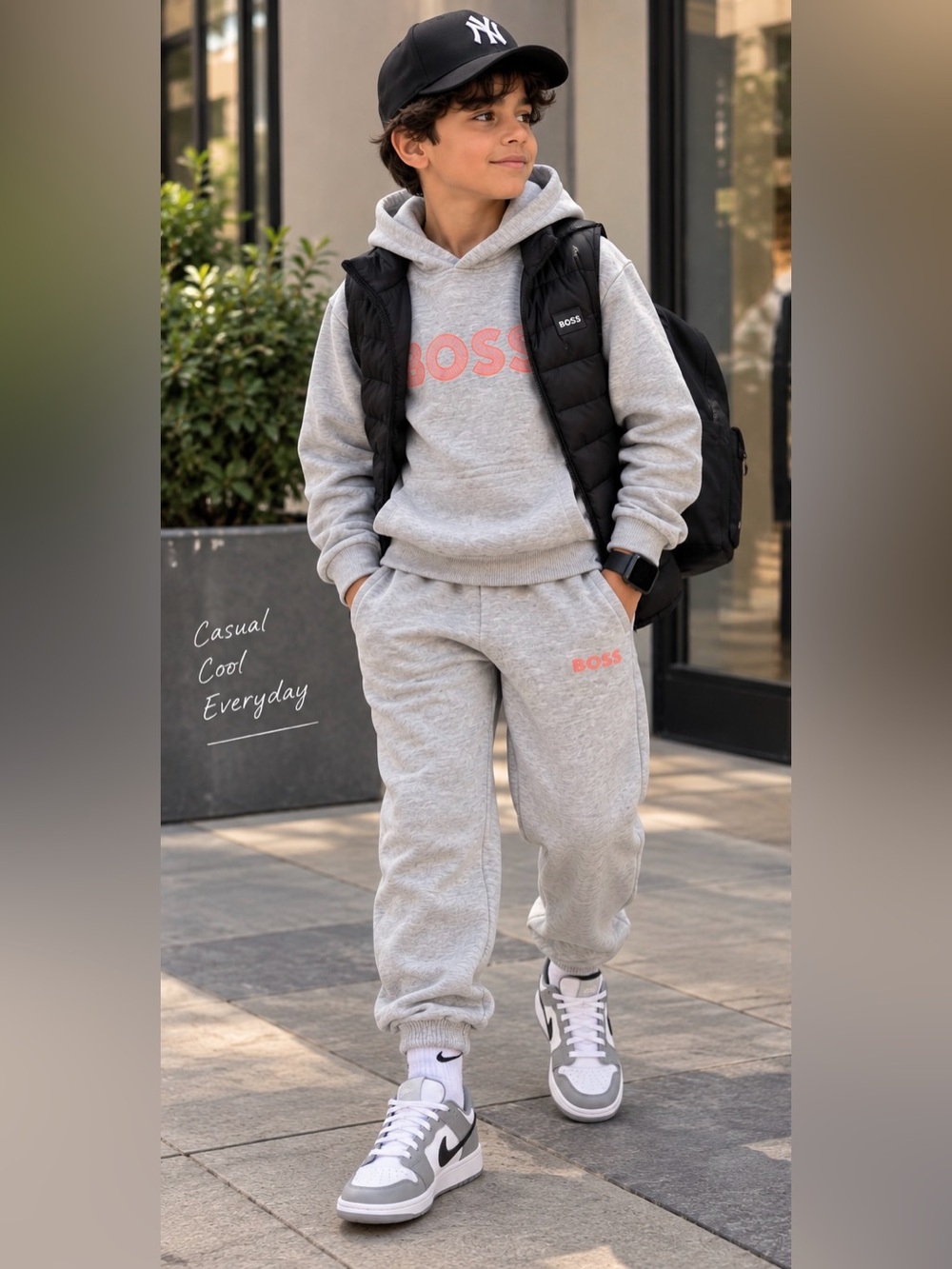 Boss Gray Hoodie and pant set with Coral pink Logo